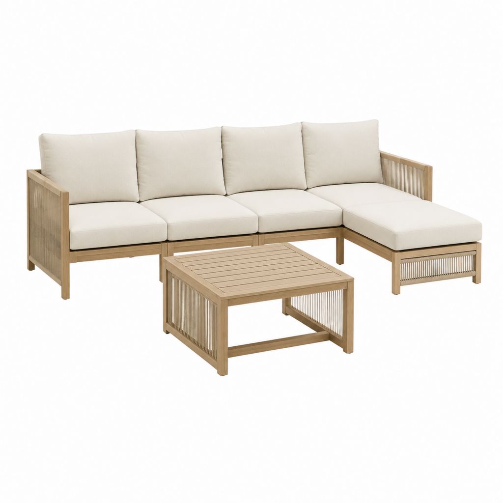 Salon de jardin d’angle 4 places beige en acacia massif avec table basse 240 x 160 x 75 cm