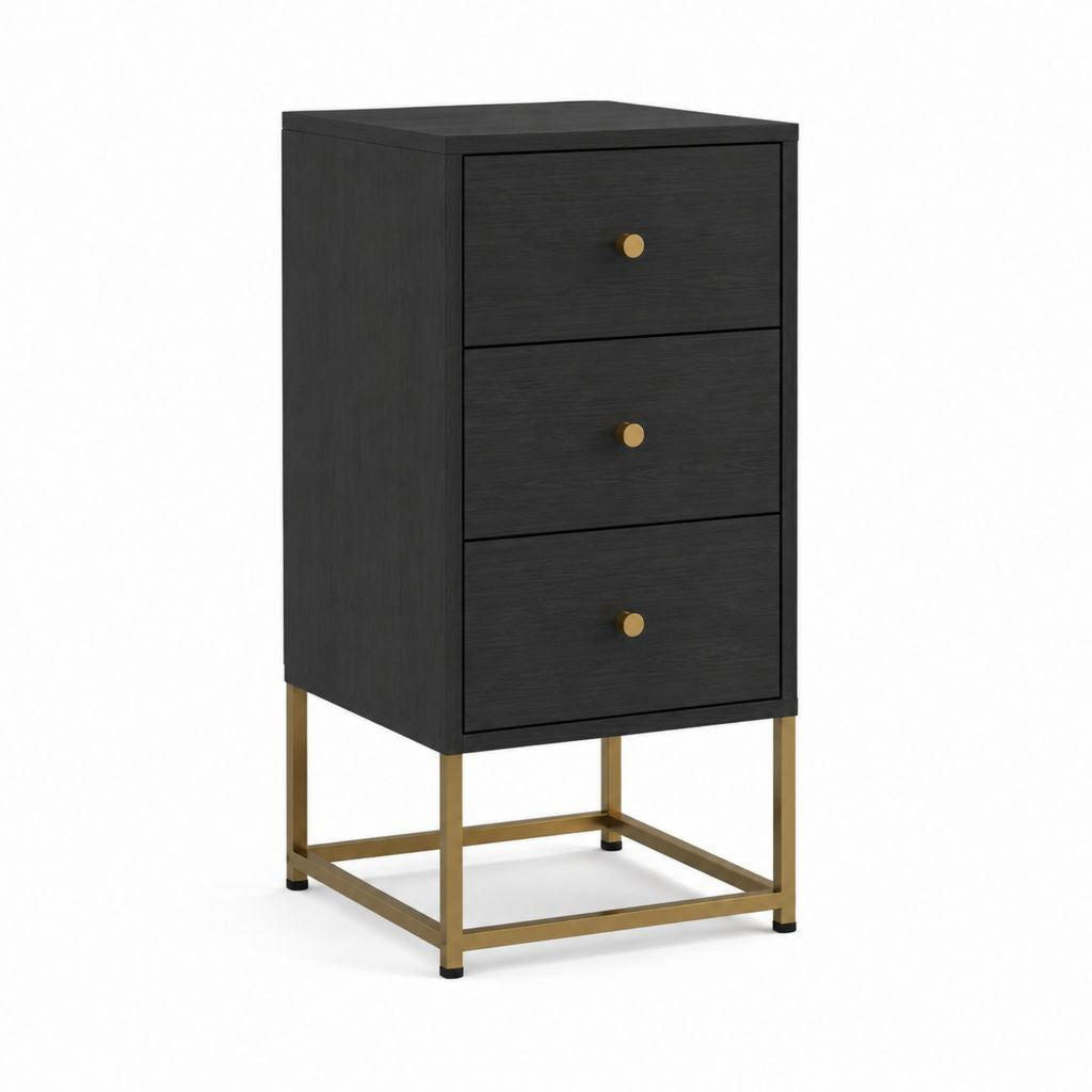 Table de chevet 3 tiroirs noire en MDF et acier rectangulaire 40 x 35 x 70 cm