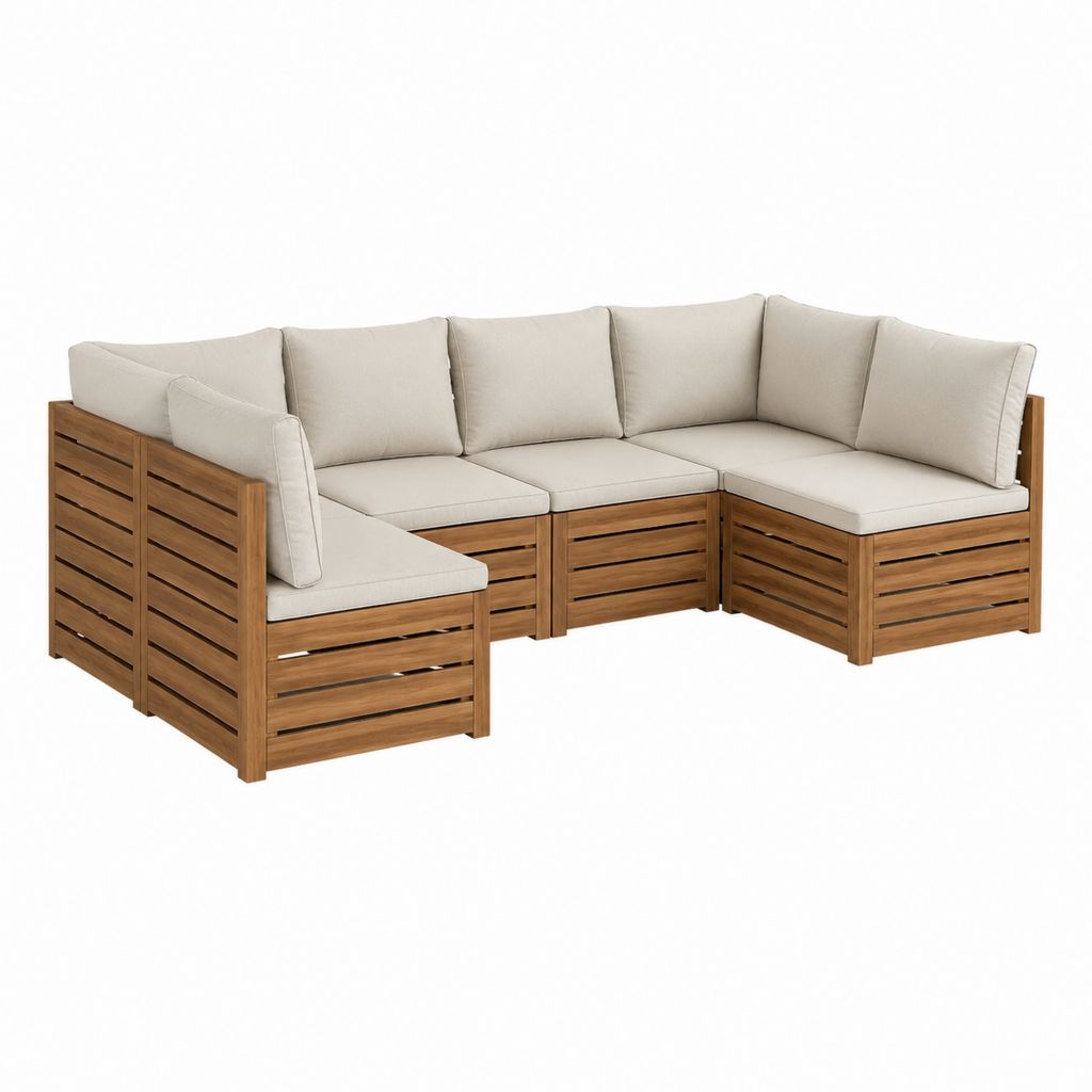 Salon de jardin d’angle 4 places beige en acacia massif avec coussins 250 x 180 x 70 cm