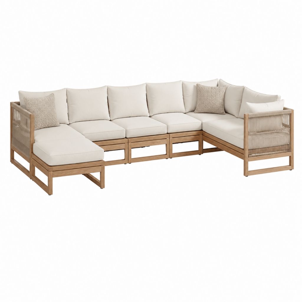 Canapé de jardin modulable d'angle 6 places beige en teck massif 330 x 250 x 78 cm