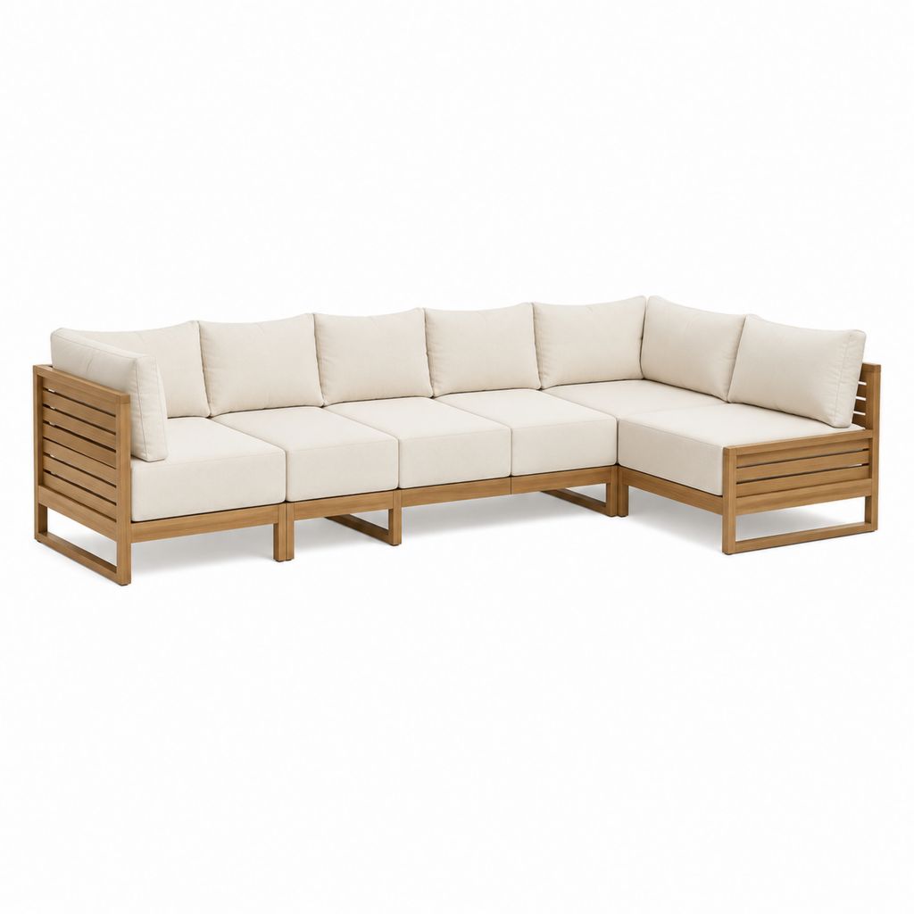 Canapé de jardin d'angle 5 places beige en acacia massif 280 x 210 x 75 cm