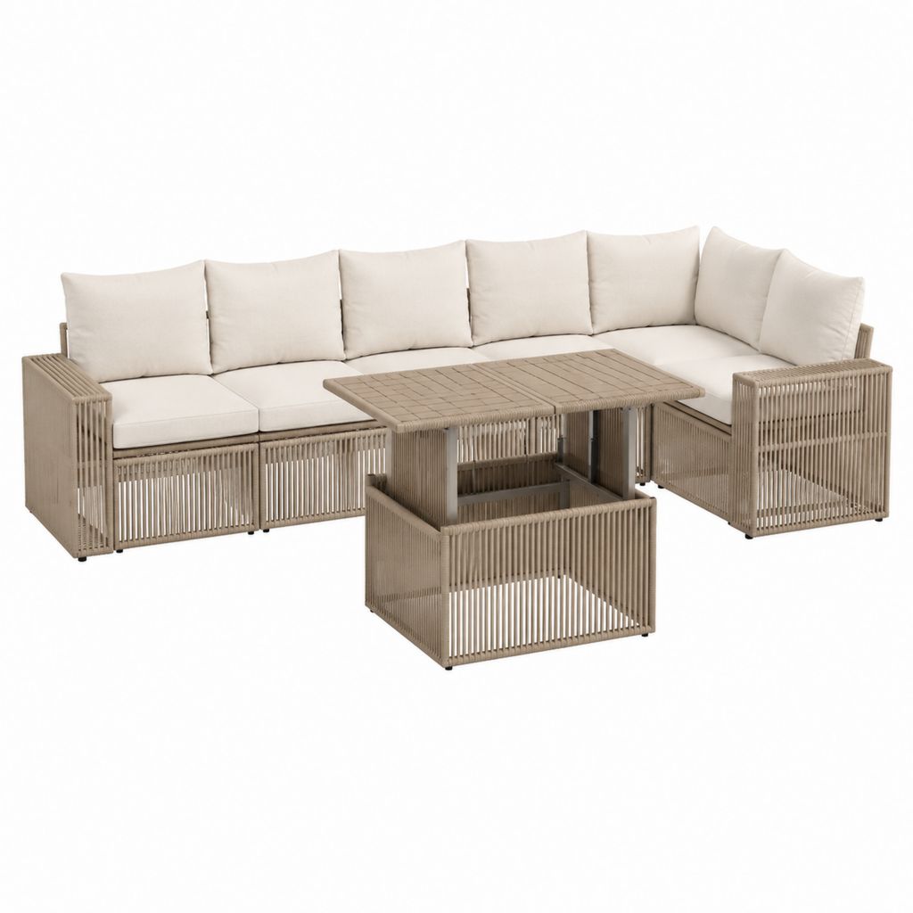 Salon de jardin d'angle 5 places beige en aluminium et corde tressée avec tables basses 250 x 250 cm