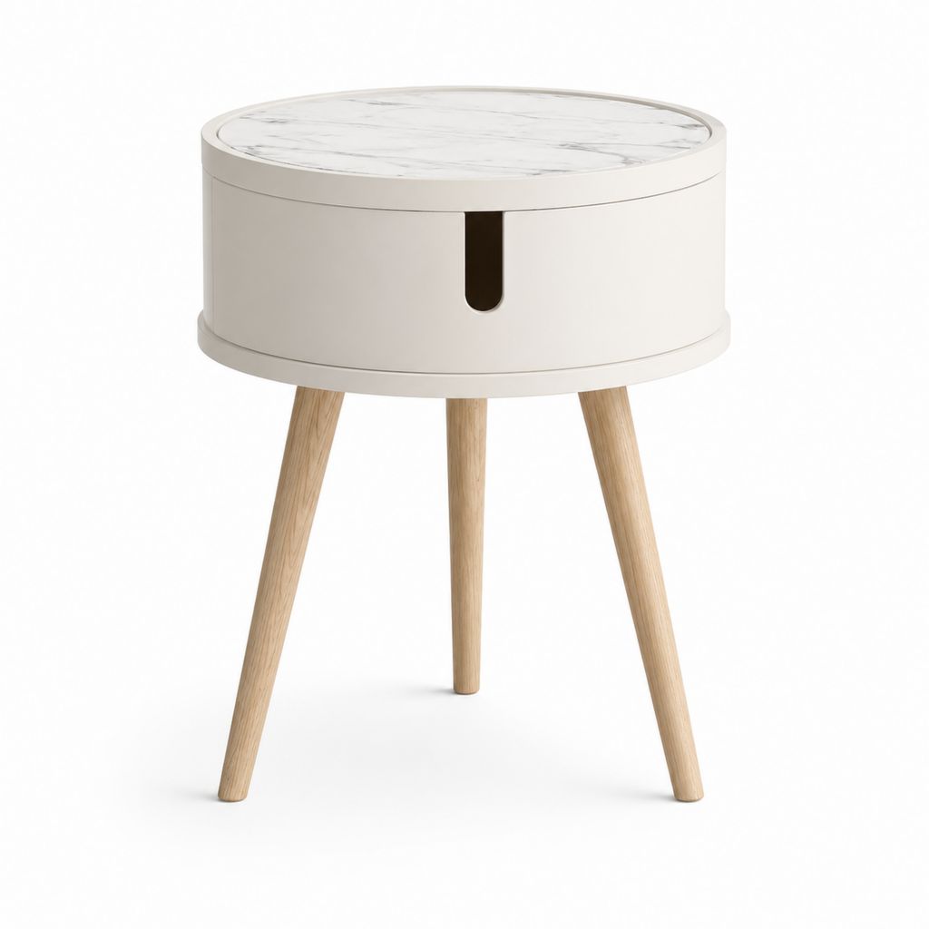 Table de chevet ronde blanche en MDF avec plateau effet marbre et pieds en hévéa massif Ø40 x H55 cm