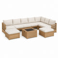Salon de jardin d'angle 8 places en acacia massif beige naturel avec table foyer 300 x 230 x 75 cm