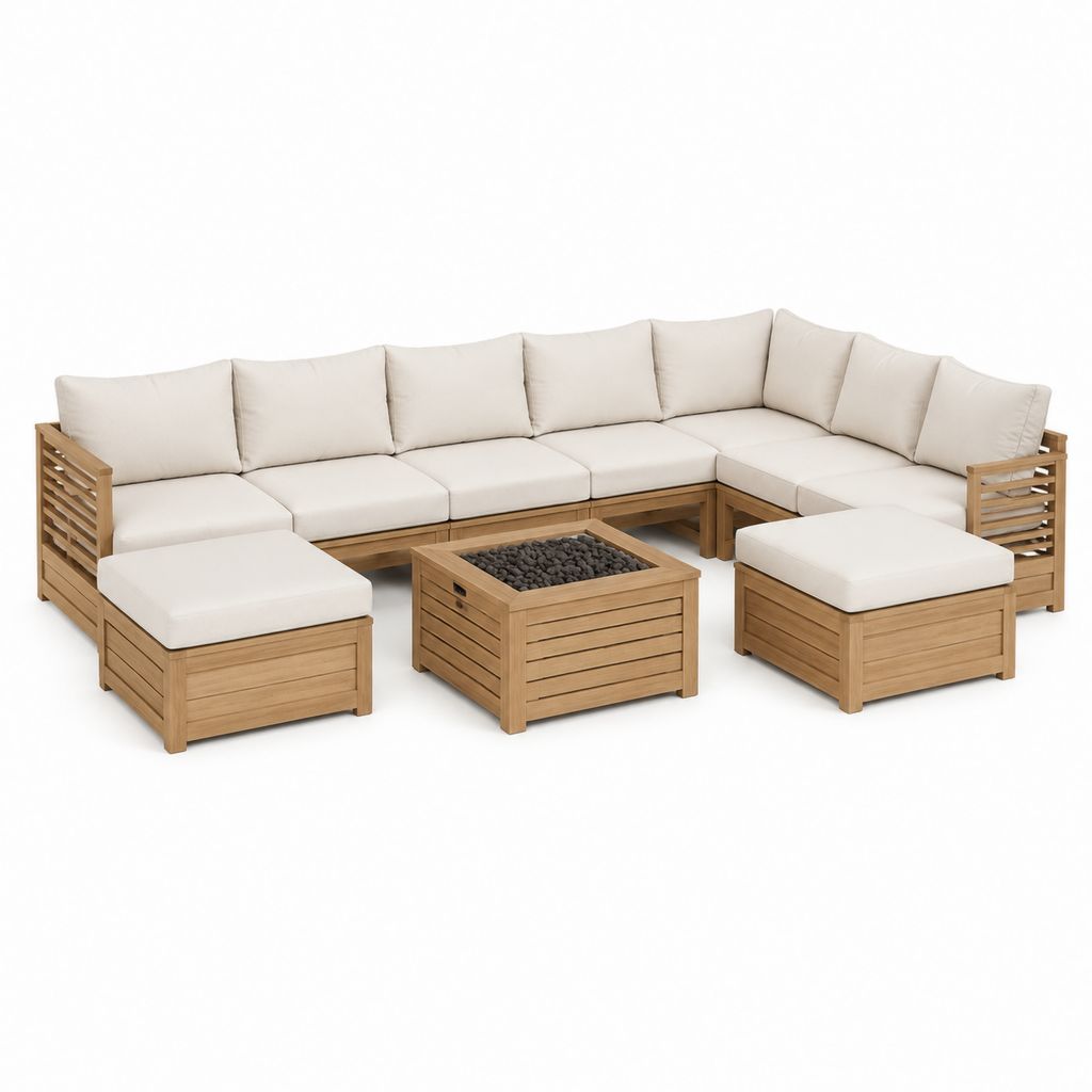 Salon de jardin d'angle 8 places en acacia massif beige naturel avec table foyer 300 x 230 x 75 cm
