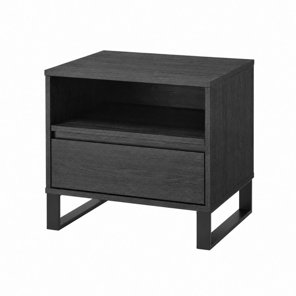 Table de chevet noire en panneaux MDF rectangulaire avec tiroir et niche ouverte 50 x 40 x 55 cm