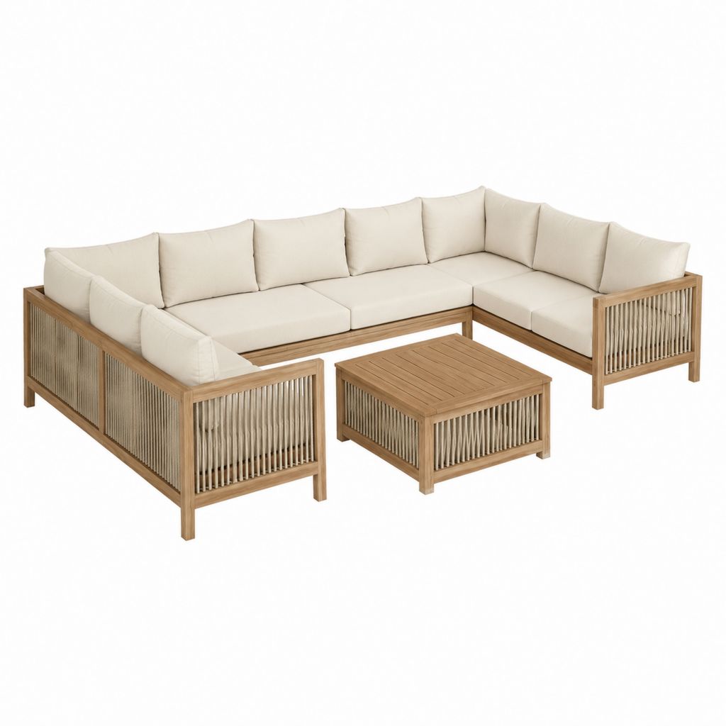 Salon de jardin d’angle 5 places en acacia massif beige avec coussins en polyester 290 x 220 x 75 cm