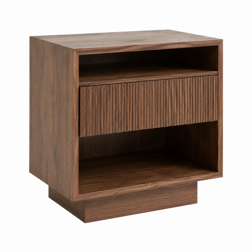 Table de chevet marron en MDF plaqué noyer avec tiroir et niches 45 x 40 x 55 cm