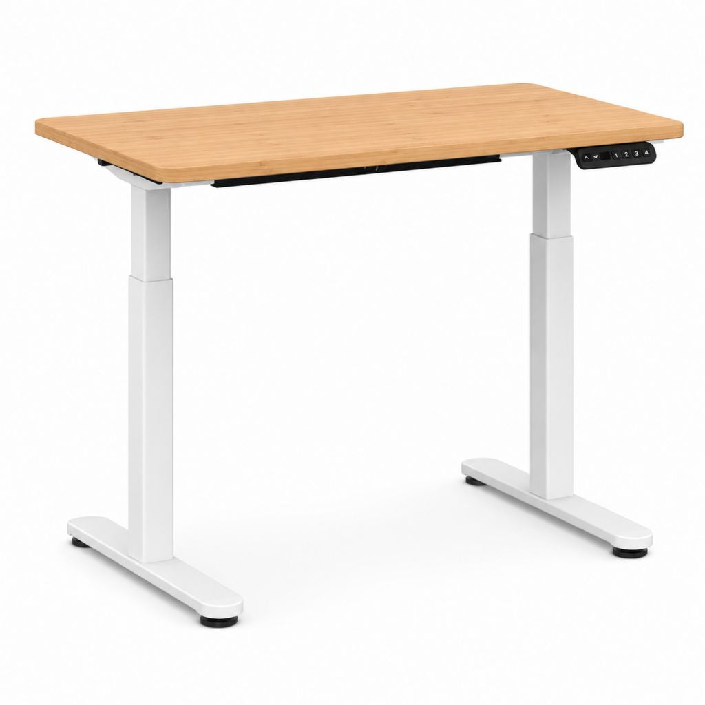 Bureau assis-debout électrique plateau bambou naturel 120 x 60 cm cadre acier blanc hauteur 72-118 cm
