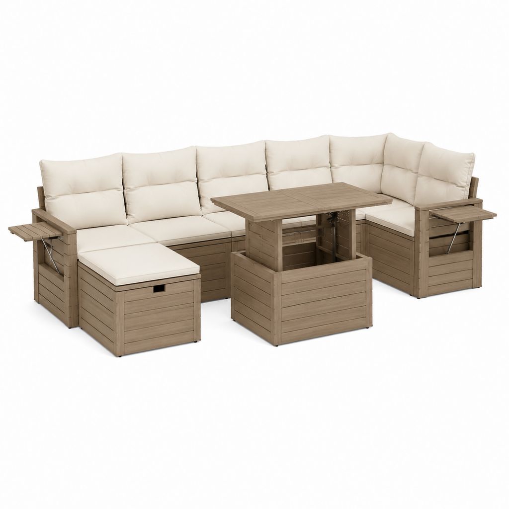 Salon de jardin d’angle 5 places beige et taupe en polypropylène avec table relevable 250 x 190 x 85 cm