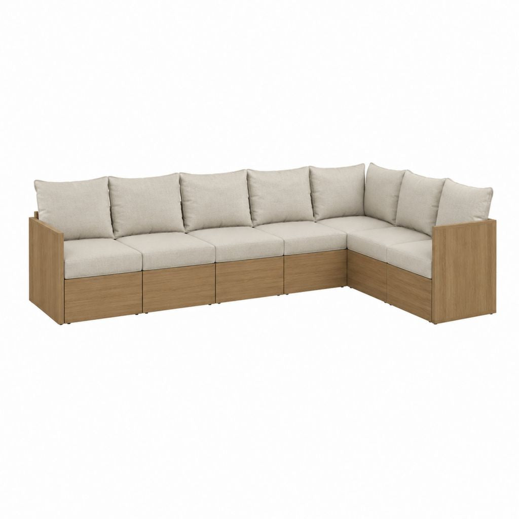 Salon de jardin d’angle 6 places beige et bois clair en aluminium avec coussins 280 x 220 x 75 cm