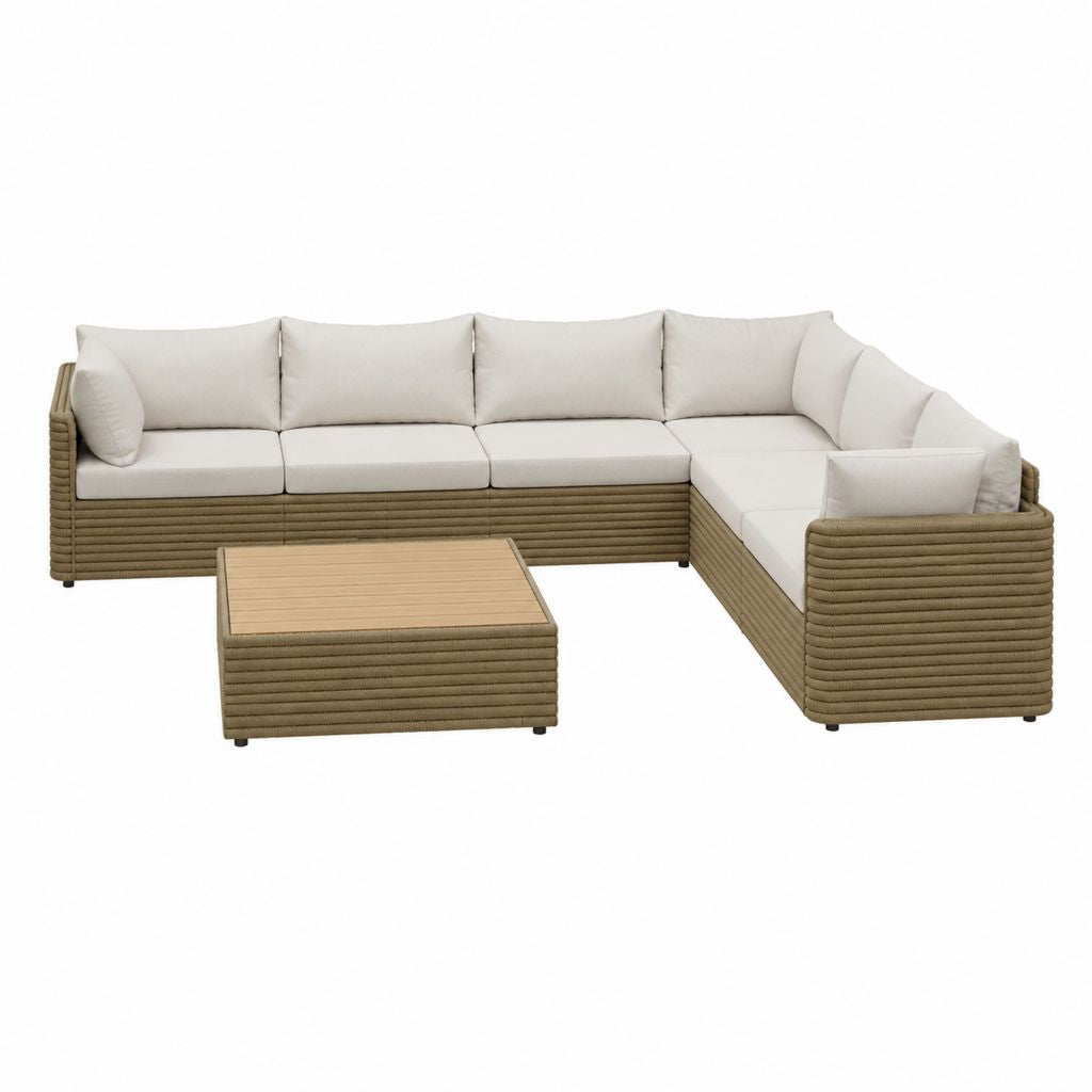 Salon de jardin d'angle 5 places avec table basse beige en corde polypropylène et aluminium 300 x 230 x 70 cm