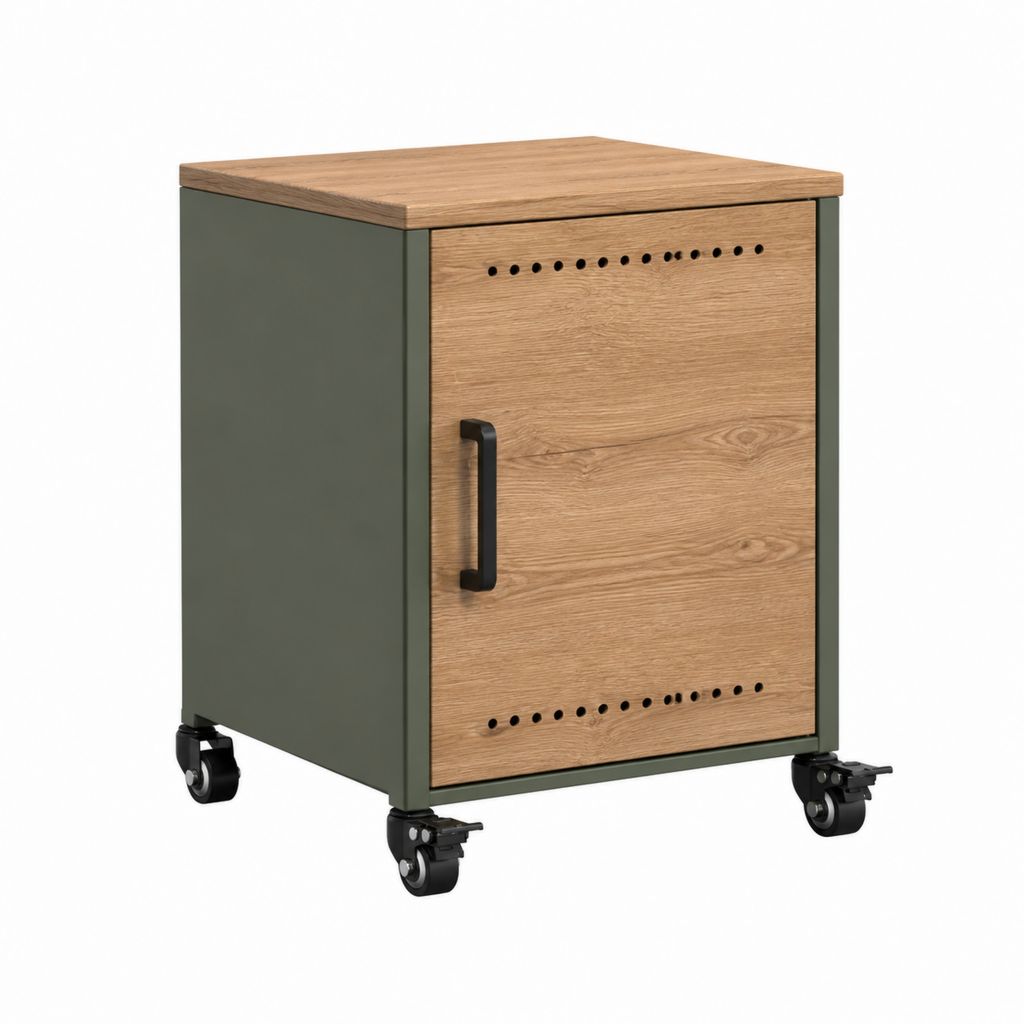 Table de chevet mobile avec porte vert olive et décor chêne 40 x 40 x 55 cm