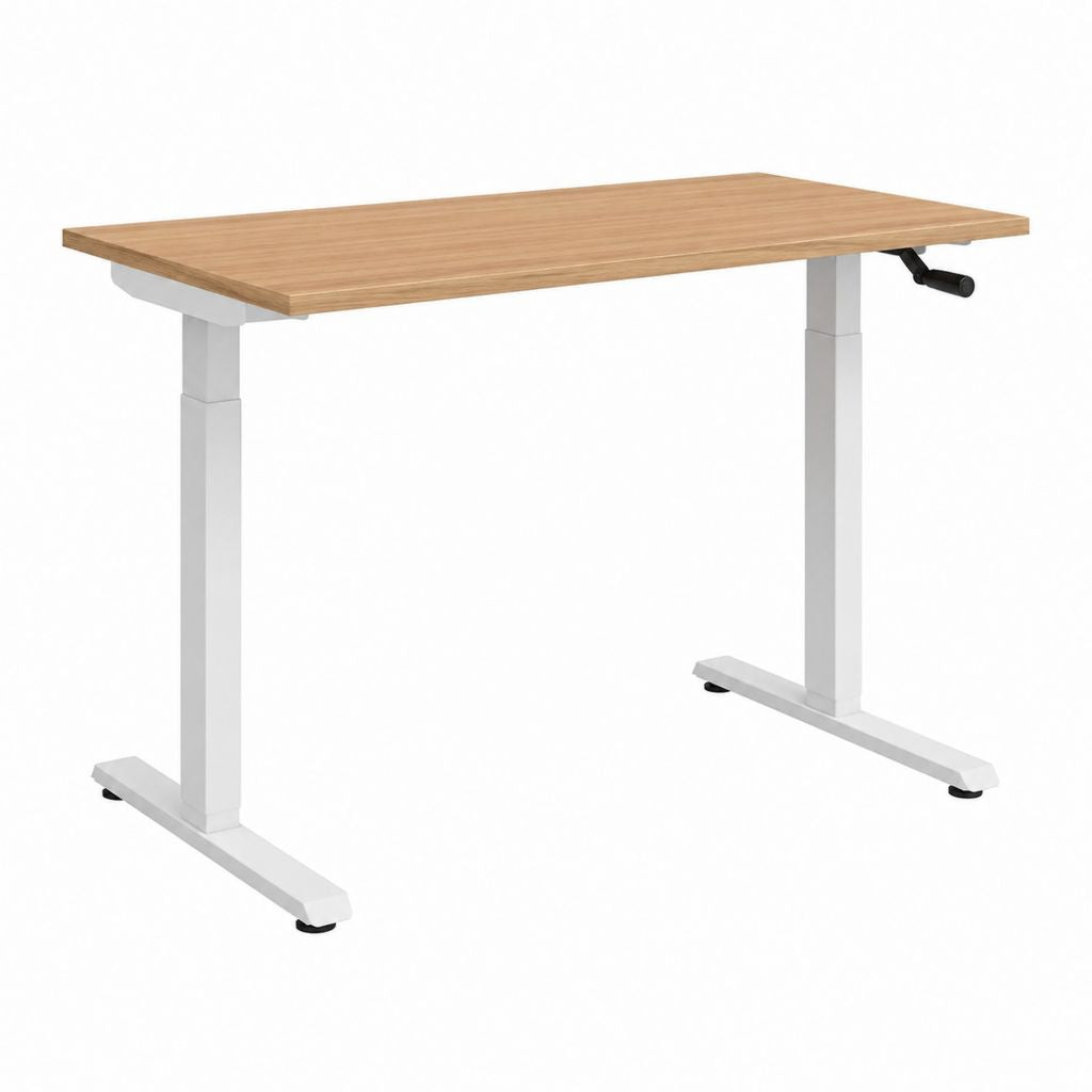 Bureau réglable en hauteur manuel blanc et chêne clair en panneau de particules 120 x 60 cm