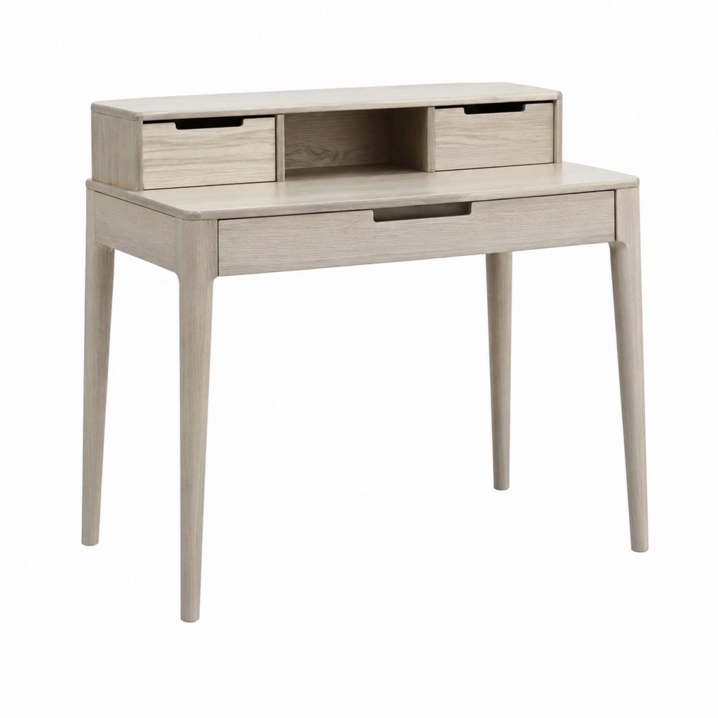 Bureau secrétaire rectangulaire beige en hévéa massif et MDF plaqué chêne 100 x 50 x 95 cm